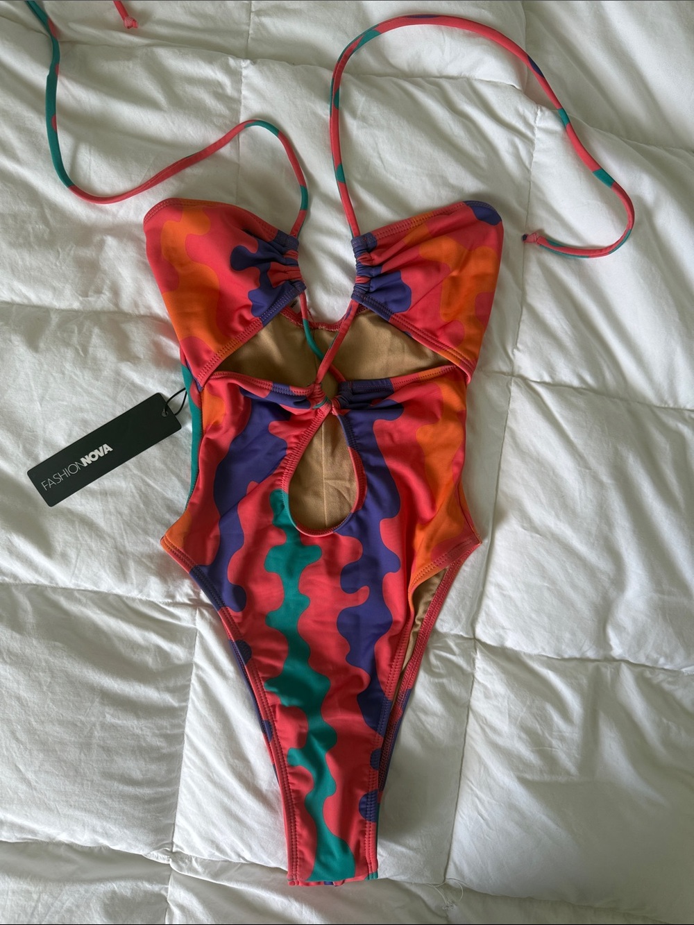 Fashion Nova Women’s One-Piece Swim in Pink, Orange, Purple & Teal Wave Print XS